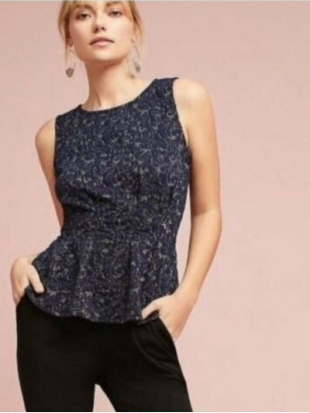 Anthropologie Eva Franco Metallic Peplum Navy Sleeveless Top size Medium